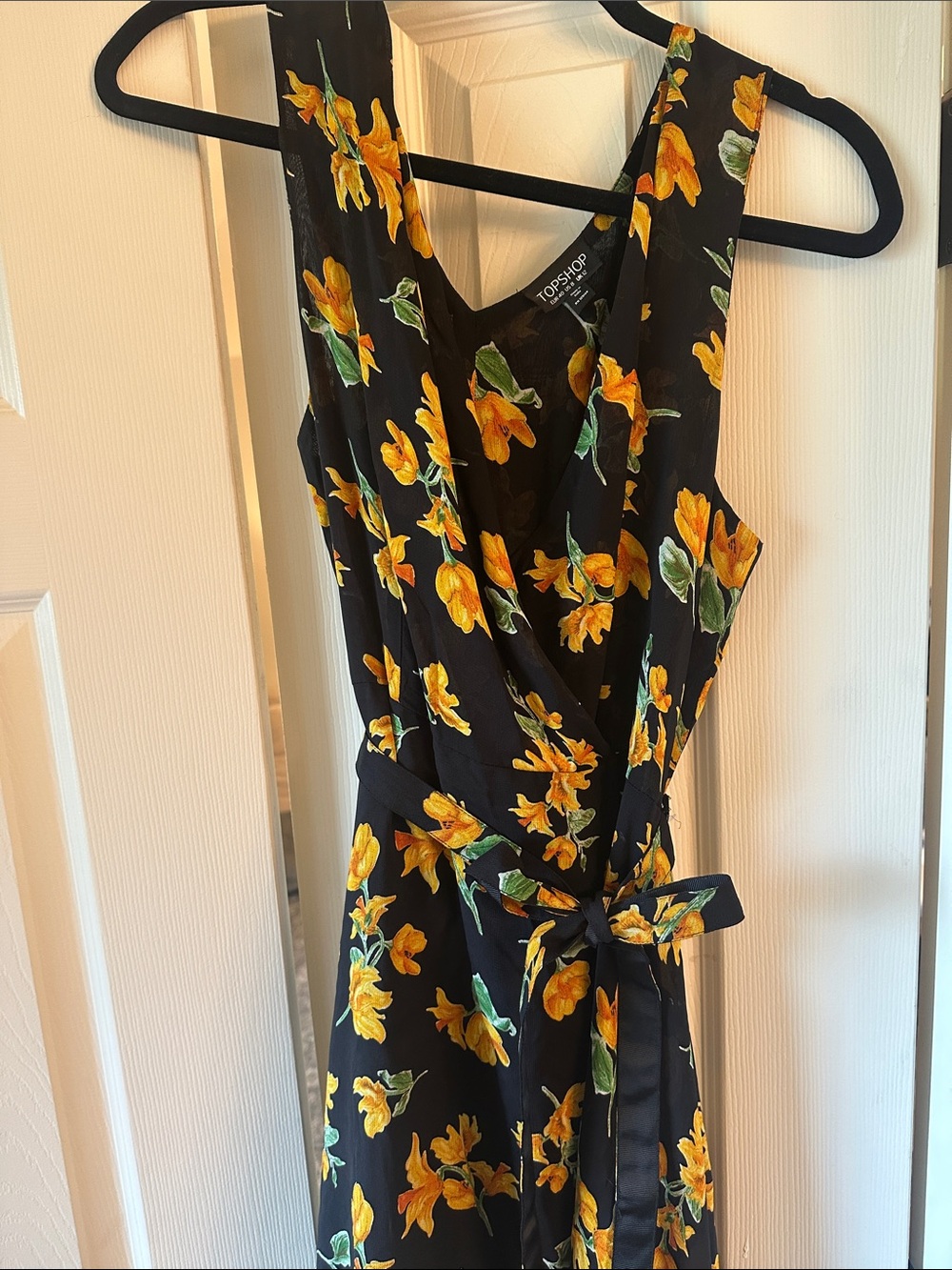 Topshop Black High-Low Floral Wrap Dress with Yellow Flowers